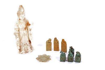 Lot 712 - A Chinese white hardstone figure; and seven seals