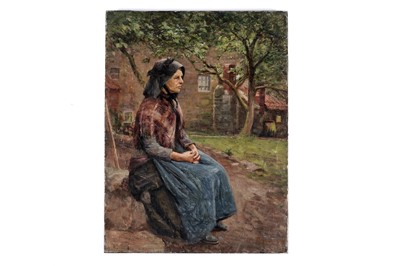 Lot 204 - Isa Jobling - Portrait of a widowed fisherwoman in a black Staithes bonnet | oil
