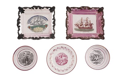 Lot 310 - Two Sunderland lustre wall plaques; and three Staffordshire saucers
