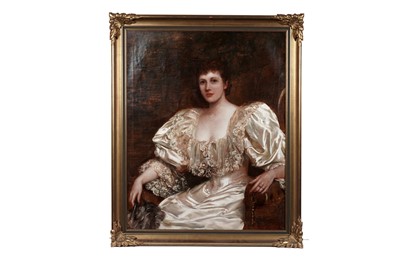 Lot 319 - John Hanson Walker - Three-quarter length portrait of a lady in a white silk evening gown | oil