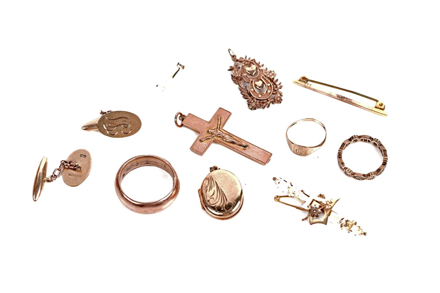 Lot 514 - Gold jewellery including: an Edwardian bar brooch and a spinel eternity ring