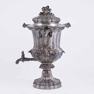 Lot 75 - A William IV silver tea urn or samovar in the form of a two-handled cup and cover