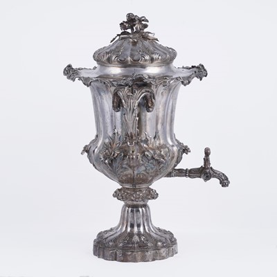 Lot 75 - A William IV silver tea urn or samovar in the form of a two-handled cup and cover