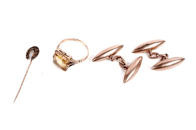 Lot 527 - A citrine ring, rose gold cufflinks, and a lucky horseshoe pin