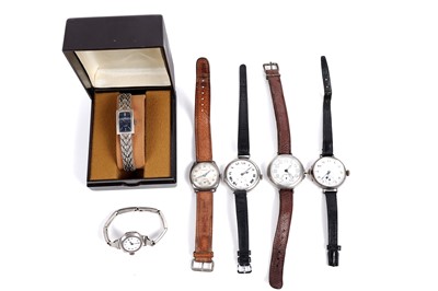 Lot 747 - Six silver cased wristwatches