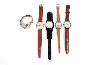 Lot 750 - Five 9ct yellow gold cased manual wind wristwatches