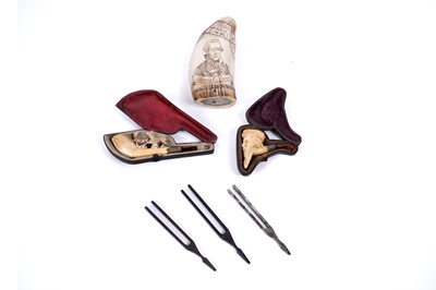 Lot 123 - Two 19th Century Meerschaum pipes; and other items