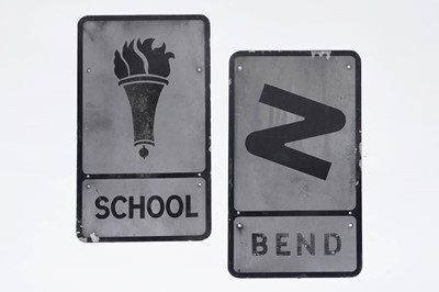 Lot 398 - A cast metal 'School' road sign; and a cast metal 'Bend' road sign