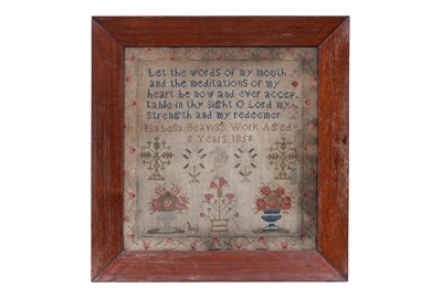 Lot 73 - A Victorian needlework sampler by Isabella Beavis, aged 8 Years, 1850