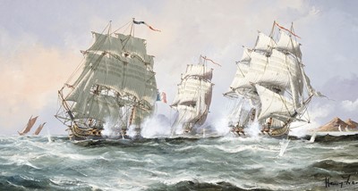 Lot 19 - Henry French – A pair of naval warfare scenes | oil