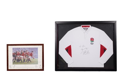 Lot 416 - Rugby Interest: a white England Rugby Union signed shirt; and a signed print