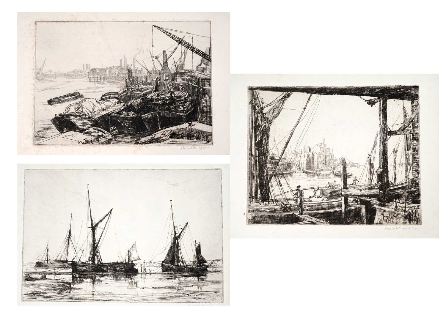 Lot 102 - Aileen Mary Elliott - Thames Barges and Quayside Poole | etchings