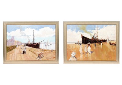 Lot 897 - Ken Moroney - Children on the Quayside, two views | oil
