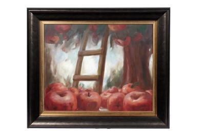 Lot 915 - Stephen Barclay - Fallen Apples with Ladder | oil