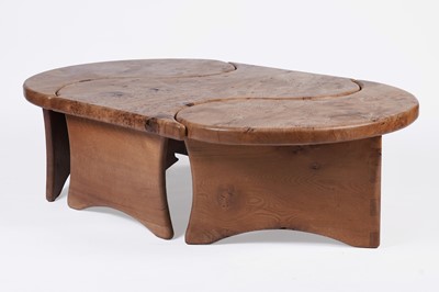 Lot 606 - A contemporary burr elm coffee table with pair of matching occasional tables