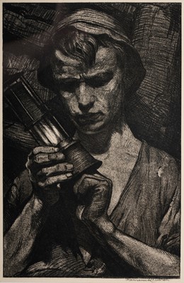 Lot 92 - Hermann Kätelhön - Portrait of a young miner with a lamp | lithograph