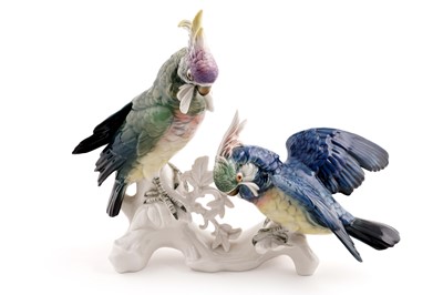 Lot 395 - A Karl Ens figural group study of two Parakeets