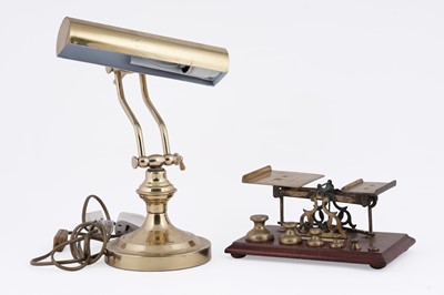 Lot 206 - A set of brass postal scales and weights; and a brass desk lamp