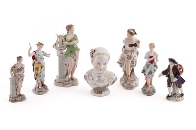 Lot 372 - A collection of Dresden and other figures; and a porcelain bust of a child