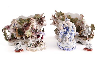 Lot 373 - A collection of continental ceramics; and a pair of Chelsea cats