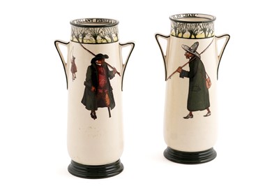 Lot 330 - A pair of Royal Doulton Isaac Walton Ware twin handled vases