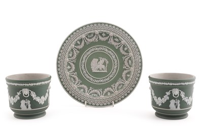 Lot 322 - A pair of small Wedgwood green Jasperware jardinières; and a similar Jasperware plate