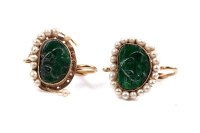 Lot 597 - A pair of early 20th Century Chinese jade and seed-pearl earrings
