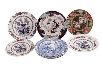 Lot 308 - Twelve plates including: early 19th Century Spode pearlware pancake plates