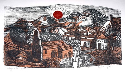Lot 33 - Barbara Greg - Village in the Pyrenees. 2 | woodcut