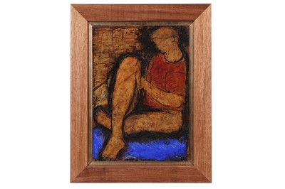 Lot 124 - John Emanuel - Seated figure with red t-shirt | oil