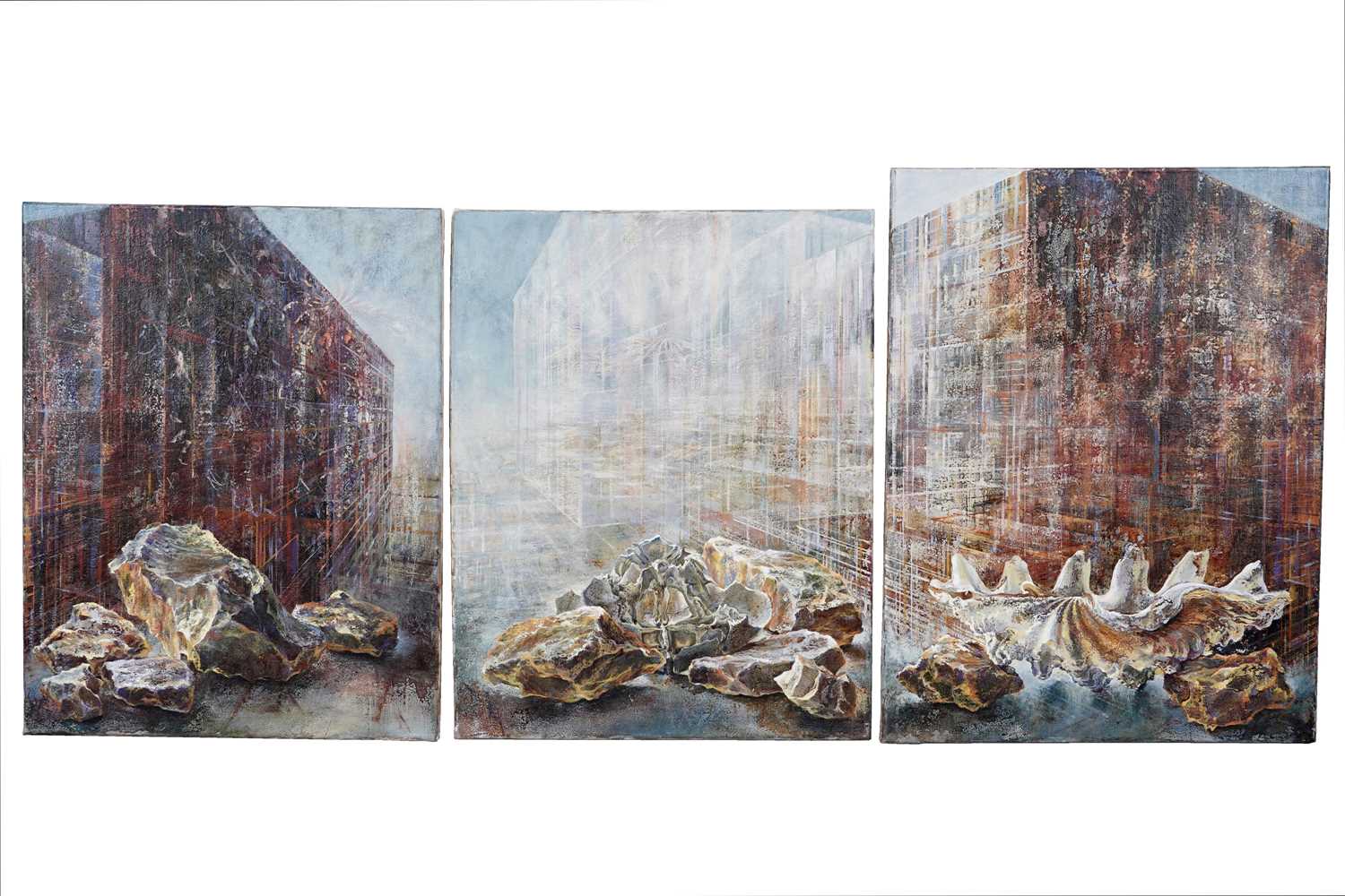 Lot 77 - Bridget Tempest - Skull, Stone and Shell Triptych | oils