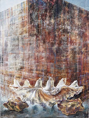 Lot 77 - Bridget Tempest - Skull, Stone and Shell Triptych | oils