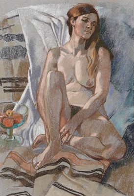Lot 91 - Ken Symonds - Nude with fruit bowl | pastel