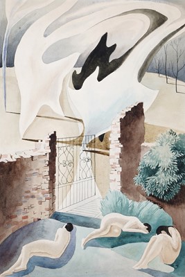 Lot 23 - 20th Century Surrealist School - Figures by a gate | watercolour