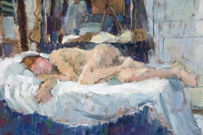 Lot 55 - Richard Thomas - Nude figure on a bed | oil