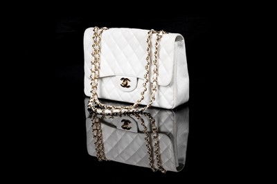 Lot 523 - A Chanel Classic Single Flap Jumbo bag in white Caviar leather