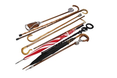 Lot 162 - A collection of horn handled walking sticks, walking canes, shooting sticks and umbrellas