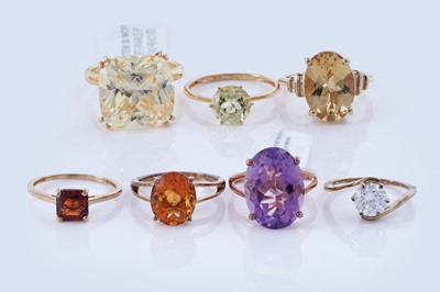 Lot 118 - A pair of Moissanite stud earrings; and seven quartz variety gemstone rings