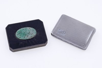 Lot 409 - A 1930's Art Deco silver box with Chinese carved jade plaque; and a 1920's case