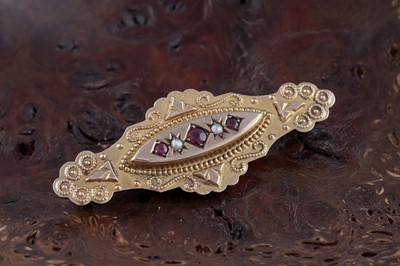 Lot 51 - A Victorian Etruscan Revival seed pearl and paste cannetille bar brooch