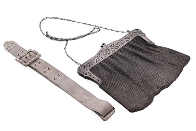 Lot 360 - A continental silver chain link evening bag; and a far eastern/Indian silver belt of braided wire