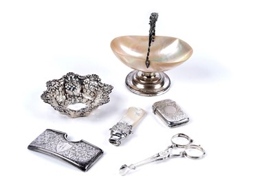 Lot 243 - 19th Century novelty silver including: a mother of pearl bonbon dish