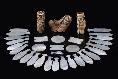 Lot 848 - Three Japanese bone netsuke; and a quantity of Chinese gaming counters
