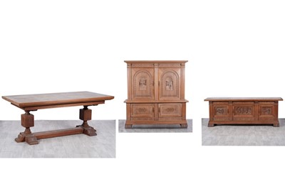 Lot 24 - A good quality 20th Century three-piece carved oak dining room suite
