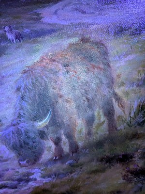 Lot 258 - Louis Bosworth Hurt - Highland Cattle watering in a Mountain Glen | oil