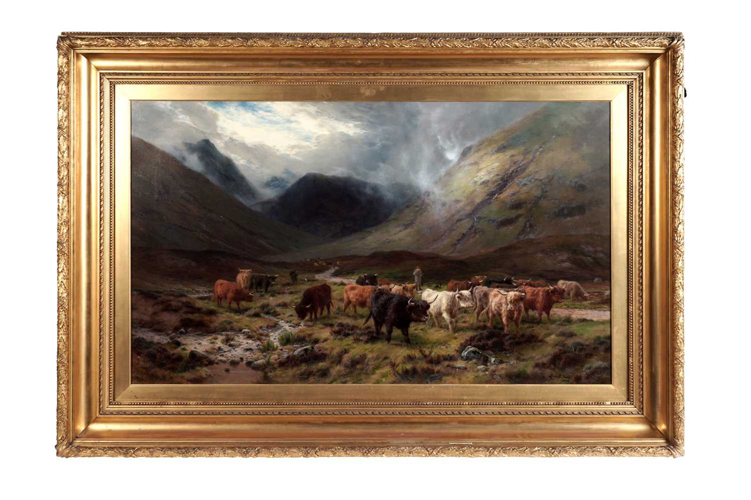 Lot 258 - Louis Bosworth Hurt - Highland Cattle watering in a Mountain Glen | oil