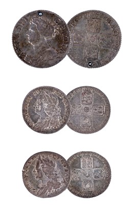 Lot 323 - Queen Anne shilling; and two George II sixpences
