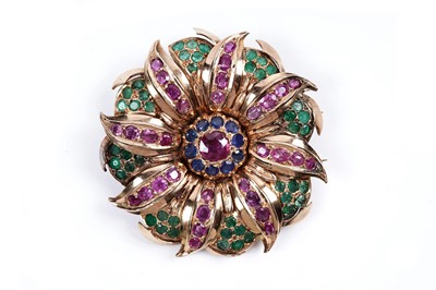 Lot 945 - A ruby, sapphire and emerald brooch