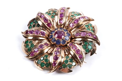 Lot 945 - A ruby, sapphire and emerald brooch