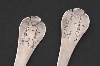 Lot 560 - A scarce pair of early Queen Anne Scottish silver trefid spoons